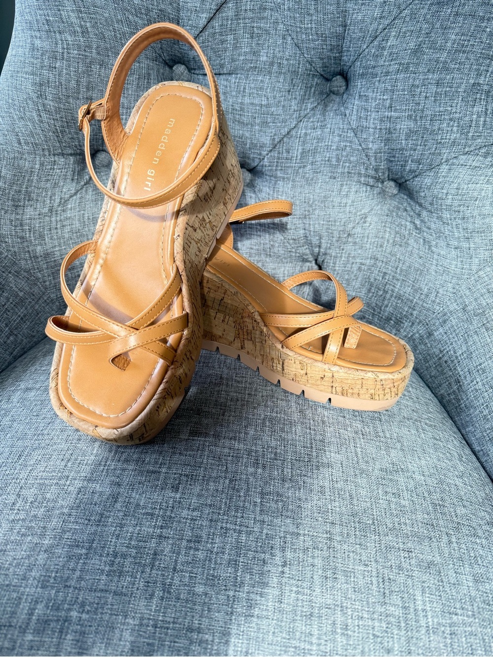 Madden Girl Tan Strappy Cork Platform Wedge Sandals